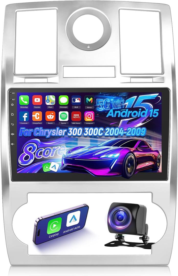 4+64G 8 Core Android Car Stereo for Chrysler 300 300C 2004 2005 2006 2007 2008 2009 with Carplay & Android Auto - 9 Inch Android 15 Touchscreen Radio with DSP/5G WiFi/GPS/Backup Camera