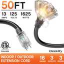 50 ft 16/3 awg 3 Outlet Extension Cord Splitter with Indicator, Waterproof Outdoor Extension Cord with Multiple Outlets, 13A 1625W for Home & Workshop, ETL Listed, Black SJTW