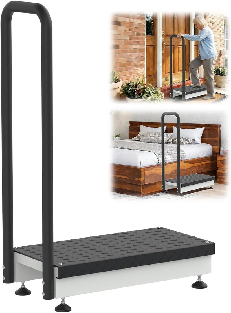 Adjustable One Step Stool with Handle for Elderly Adults Safety, Heavy Duty Bed Step with Non-Slip Platform for High Beds/Doorway/Kitchen/Closet(Black Platform)