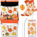 Kacctyen 5 Pcs Thanksgiving Gifts Basket for Women Orange Pumpkin Birthday Gift Basket 16 oz Pumpkin Cup with Lid Straw Makeup Bag Socks Mirror for Thanksgiving Friendsgiving Holiday Souvenirs