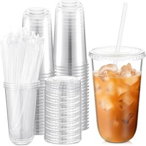 Ziliny 50 Sets Clear Plastic Cups with Lids and Straws, Disposable Iced Coffee Cups Drinking PET for Cold Drinks, Juice, Smoothie, Coffee Shops, Party, Christmas (18 oz,Clear)
