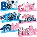 Suzile 6 Pcs Burnouts or Bows Gender Reveal Party Wooden Centerpieces Table Toppers for Boys Girls Blue and Pink Car Wheel Bow Tie Party Decoration Supplies for He or She Gender Reveal Baby Shower
