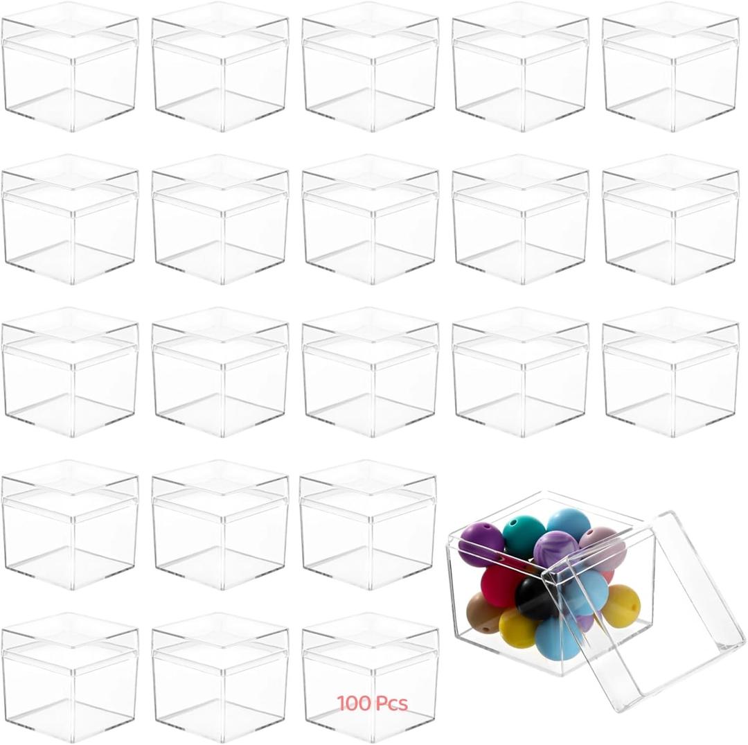 yeesport 100 Pcs Acrylic Boxes with Lids, 222" Mini Clear Candy Boxes, Square Transparent Display Cases, Stackable Storage Cubes, Small Containers for Wedding Favors, Jewelry, Treats