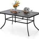 PHI VILLA 6-Person Outdoor Metal Steel Slat Dining Rectangle Table with Adjustable Umbrella Hole, Weather-Resistant for Patio Outdoor Use, Black