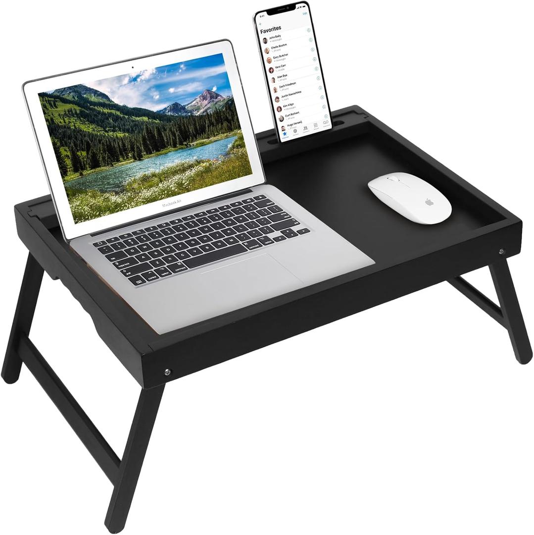 Artmeer Bed Tray Table with Folding Legs, Bamboo Breakfast Food Tray with Media Slot, Use As Platter, Laptop Desk, Snack, TV Tray Kitchen Serving Tray (Black Extra-Large Size)