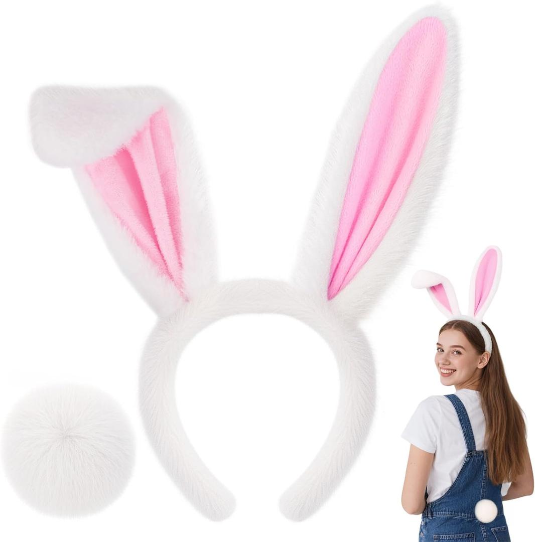 Shintop Bunny Ears Headband with Tail, Rabbit Hairband Bendable Animal Costume Accessories for Halloween Cosplay, Easter (White)
