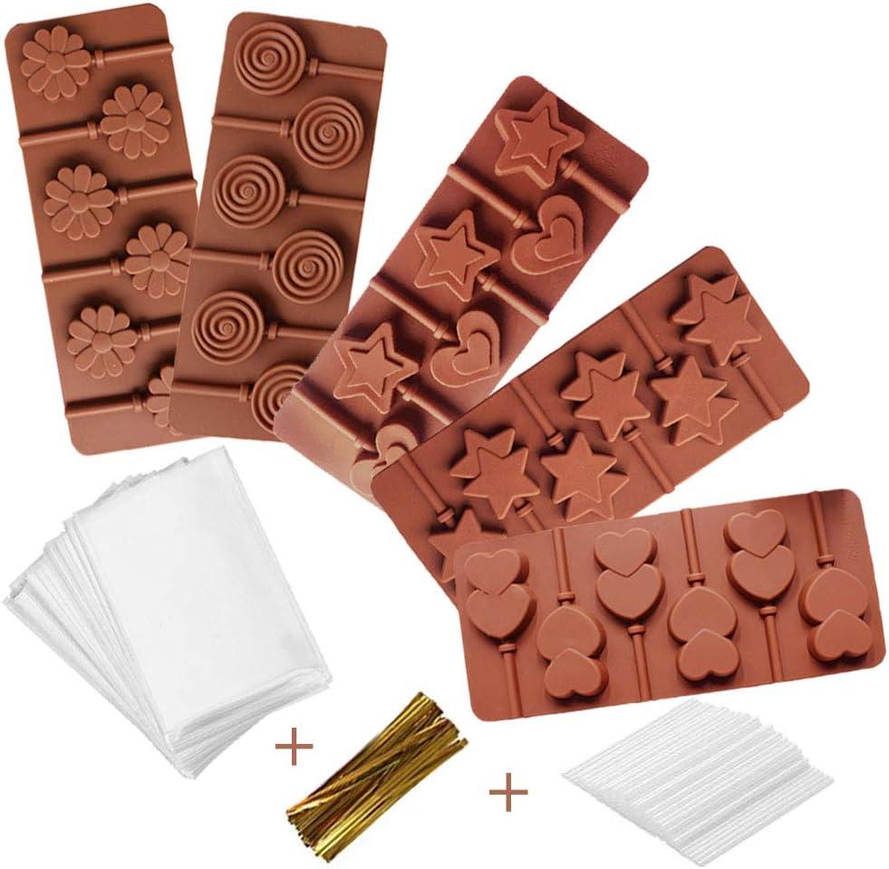 5 Pack Lollipop Silicone Candy Mold Silicon chocolate Lollipop Moulds with Shape of Double Heart, Star, Small Flower, Round, Including 30 Lollipop Sticks and 50 Pcs Candy Treat Bags