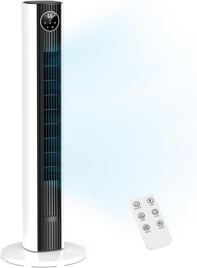 ZAFRO Tower Fan for Bedroom, 37Standing Fans with Remote, 90 Oscillating Fan with 12H Timer, Bladeless Fan with 4 Modes & 3 Speeds, BLACK+WHITE