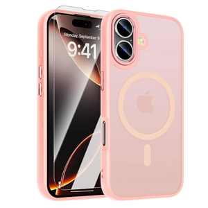 WRJ for iPhone 16 Case, Magnetic Translucent Phone Case for Women Men [Compatible with Magsafe] Slim Anti-Fingerprints Shockproof Protective Cover with Screen Protector 6.1 Inch-Pink