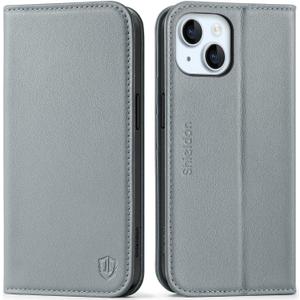 SHIELDON Case for iPhone 15, Genuine Leather Wallet Folio Book Case Magnetic RFID Blocking Credit Card Holder Kickstand Shock Absorbing Protective Cover Compatible with iPhone 15 6.1" - Bluish Gray