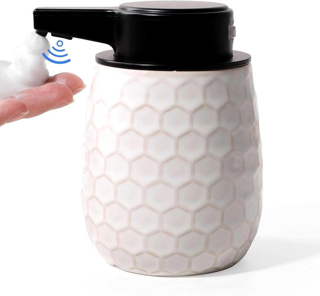 Automatic Soap Dispenser, Touchless Foaming Dish Soap Dispenser 13OZ/384ml, Ceramic White Foam Soap Dispenser Bathroom Kitchen, Waterproof, USB C Rechargeable, ANTIS'S HOME
