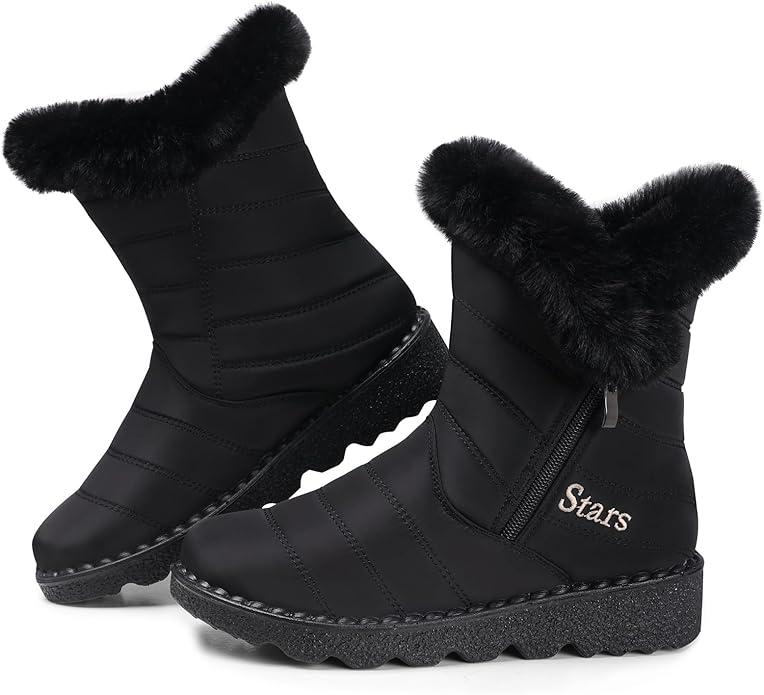 SHIBEVER Waterproof Winter Boots for Women: Snow Mid Calf Fur Lined Warm Women Boot Outdoor Resistant Booties, 40