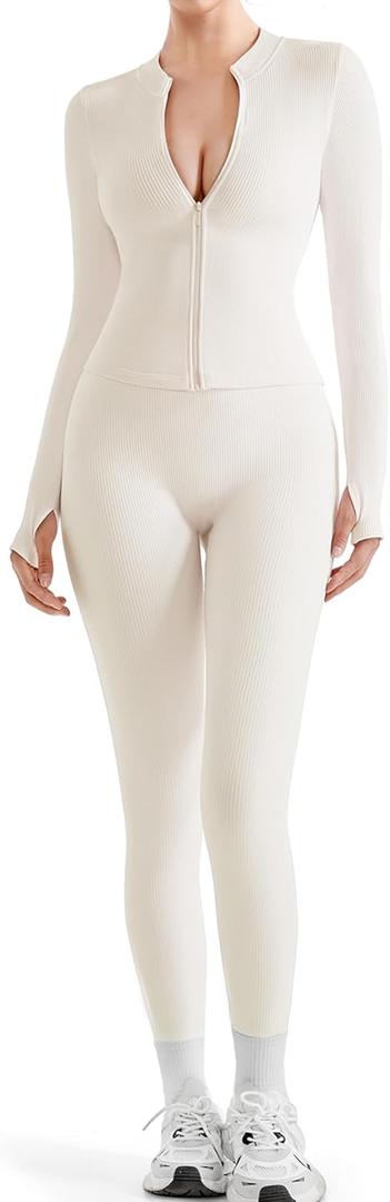 SUUKSESS Women 2 Piece Seamless Ribbed Workout Sets With Zip Up Jacket High Waisted Gym Yoga Leggings (Large, Beige)