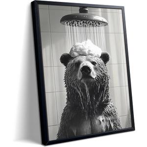 XYHYRA Funny Bear Bathroom Wall Art, Black and White Animal Shower Canvas Print Picture, Cute Bear Taking Bath Poster, Modern Farmhouse Bathroom Restroom Home Wall Decor 8x10 inch Wood Framed
