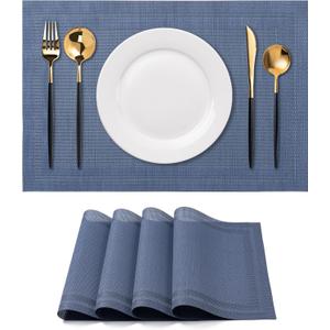 CADONO Placemats Set of 4 Washable Indoor/Outdoor Vinyl Place Mats for Dining Table Durable Non-Slip Heat Resistant PVC Weave Table MatsSimple Style-Deep Blue