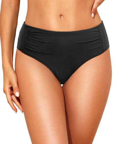 Talisea Women Full Coverage Bikini Bottoms - Mid Rise Bathing Suit Ruched Swim Bottom Swimsuit Swimwear Black, Large