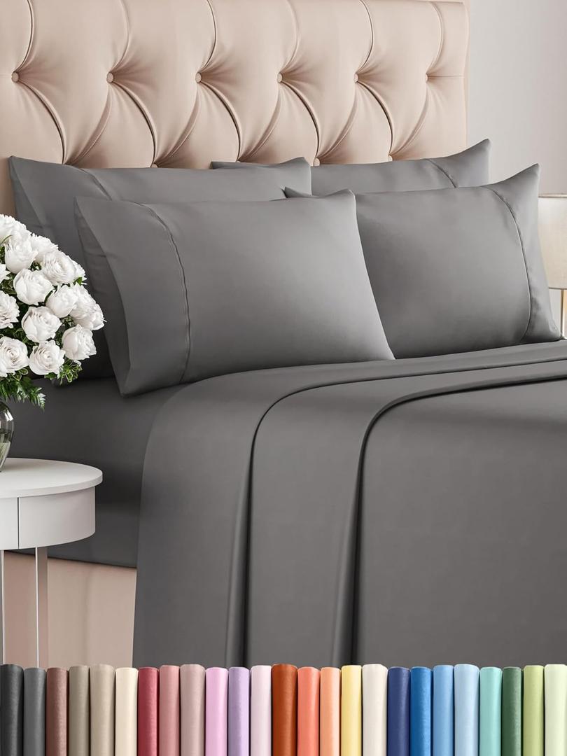 CGK Linens King 6 Piece Sheet Set - Cooling Sheets for Hot Sleepers - Hotel Luxury Bedding Set w/ 8-16 Inch Deep Pockets - 1 Flat & 1 Fitted & 4 Pillowcases - Soft, Comfy & Wrinkle Free - Dark Grey