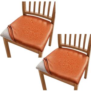 uxcell 2Pcs PU Leather Covers for Dining Room Chairs, Soft Waterproof Dining Seat Covers Removable Stretch Chair Cushion Slipcovers with Elastic Band for Home, Kitchen(45-56cm, L, Orange)