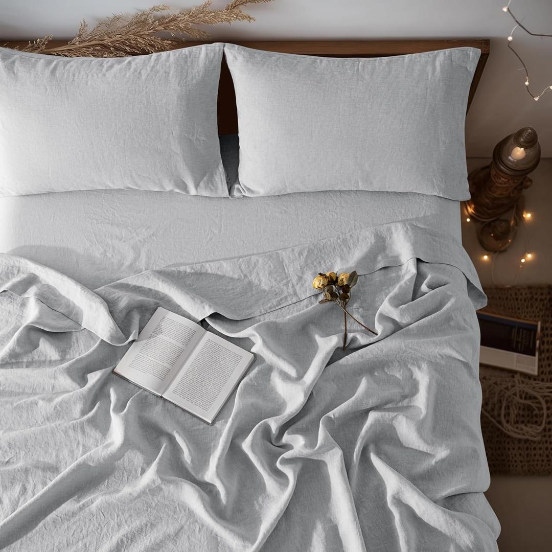 LBR02M 100% Linen Sheet Set King Size,Bed Sheets 4 Piece Sets, Solid Color Natural Flax Bed Sheets Soft Breathable Bedding,16" Deep Pocket,All Season (King, Grey)