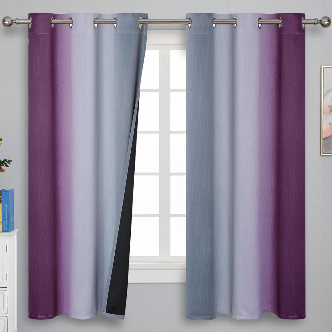 Ombre Purple and Gray Blackout Curtains 63 Inch Length 2 panels, Full Room Darkening Grommet Thermal Insulated Gradient Drapes for Girls Room, Full Light Blocking Curtains for Bedroom, 42x63 Inch (42"W x 63"L (Pack of 2), Purple and Grey)