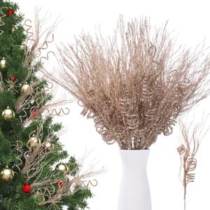 Suncalla 24 Pcs 16.5 Inch Christmas Tree Picks Glitter Artificial Curly Sprays Christmas Floral Stems Branches for Xmas Tree Sticks Garland Ornaments Vase Filler Decorations (Champagne)