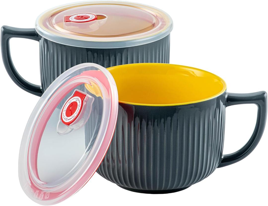 Oversized Soup Bowl with Handle, 38oz Microwave Ramen Bowl with Lid, Jumbo Soup Mug for Ramen, Noodle, Cereals, Soup Container with Lid, Dishwasher Safe - set of 2 (Gray) (Grey/Yellow 2 pcs)
