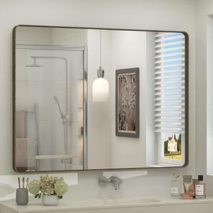 44x36 Bronze Bathroom Mirror, Brushed Metal Bathroom Vanity Mirrors for Wall, Rounded Corner Bronze Rectangle Mirror for Farmhouse, Bedroom, Anti-Rust (Horizontal/Vertical)