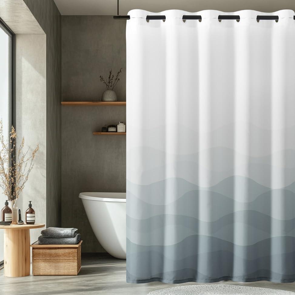 jinchan Ombre Grey Ocean Wave No Hook Shower Curtain Waterproof Fabric Shower Curtains for Bathroom Gradual Color Design Nautical Coastal Beach Bath Decor with 12 Hooks 70x72 Inches, Pack of 1