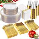 Rubtlamp 350 Pcs Clear Gold Plastic Plates, Hammered Disposable Dinnerware, Clear-Gold Plates Set Include 100 Plastic Platos, 150 Gold Disposable Silverware, 50 Cups And 50 Napkins for Christmas