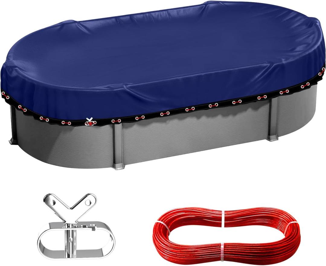 Oval Pool Covers for Above Ground Pools,15x30 ft Winter Pool Cover for Rectangle Pool,Heavy Duty&Extra Thick 195G PE Tarps,Cold-Resistant Anti-UV,Extreme Weather Protection,Winch and Cable Kit,Navy