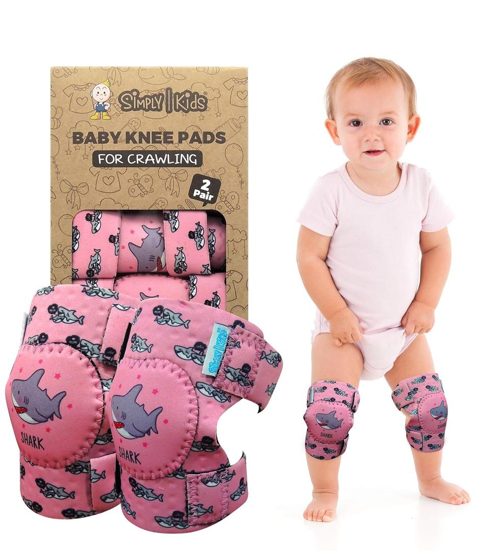 Simply Kids Baby Knee Pads for Crawling (2 Pairs), CPSIA Certified - Comfortable Knee Protector for Toddler, Infant, Girl, Boy, Crawler - Rodilleras para Bebe (Pink Shark)