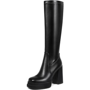 Platform Knee High Boots for Women Chunky High Heel Gogo Boots Square Toe Stretchy Long Tall Boots (not for wide calf) (7, Black)
