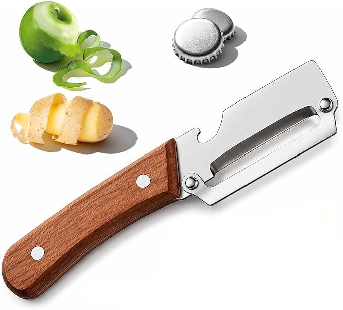 2-in-1 Multifunctional Vegetable Peeler with Bottle Opener, Wide Stainless Steel Blade and Non-Slip Wooden Handle, Kitchen Peeler for Potato, Apple, Pumpkin, Fruit and Vegetables