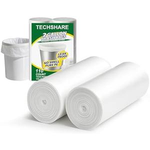 TECHSHARE Trash Bags 2 Gallon - 110 Count Small White Garbage Bags, Bathroom Trash Bags 2 Gallon, Mini Trash Can Liners for Home, Nursery, Office - Scent Free HDPE 1.8 Gallon Fit