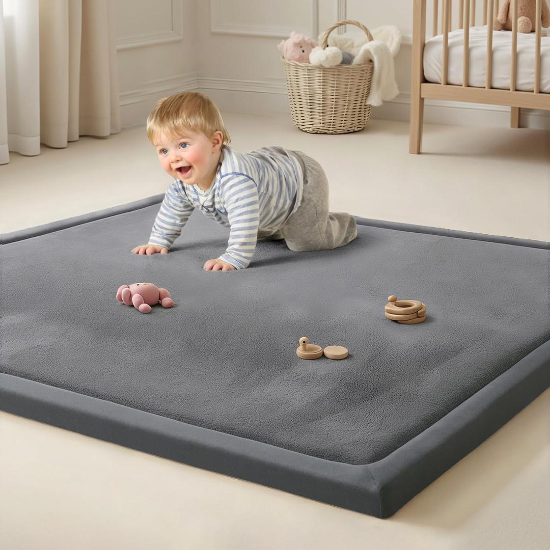 Goyuu Ultra Soft 1.3" Thick Baby Play Mat for Floor, 59x71 Playpen Mat Elasti-Foam Padded Crawling Mat for Babies, Toddlers, Infant, Kids, Non-Slip Backing Safe for Tummy Time, Grey