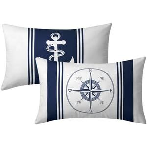 Nautical Beach Blue Throw Pillow Cover 12x20 Inch Turtle/ Compass Pattern Lumbar Cushion Pillow Case Pack of 2 Square Sea Coastal Theme Pillowcase Decor for Summer Ocean Party Bed Sofa Home Car Outdoor