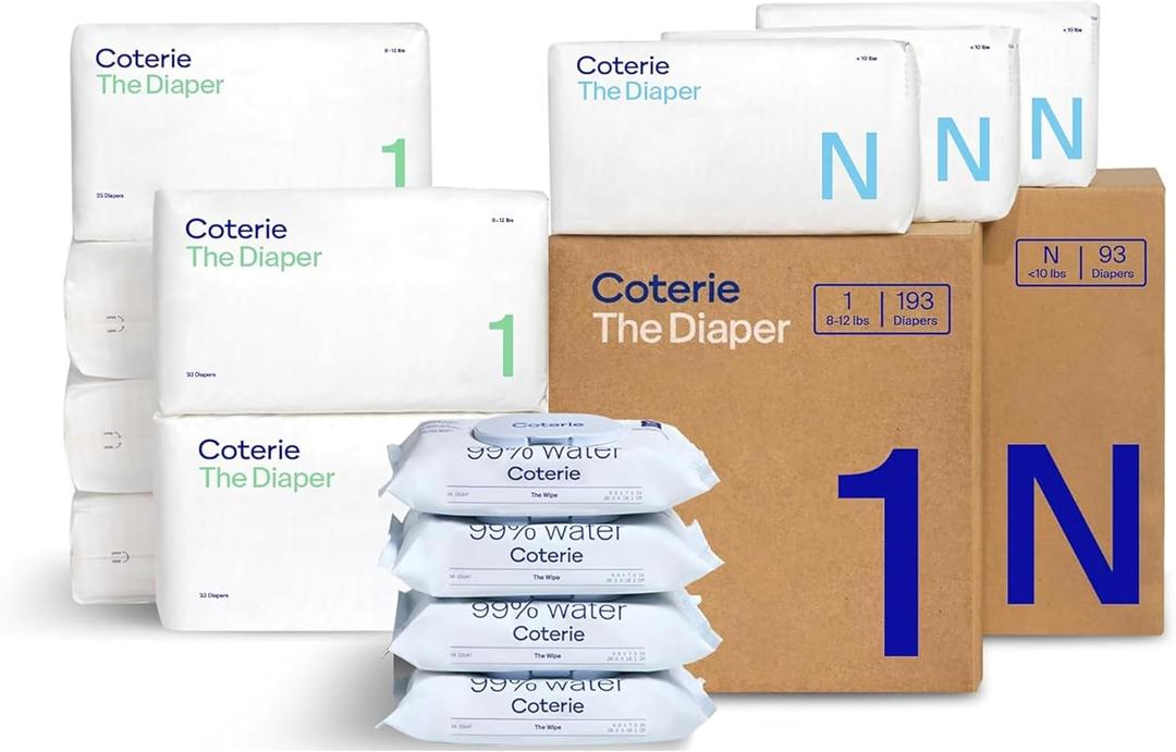 Coterie Baby Wipes + Diapers Kit, Size 1 (198 Count) & Size Newborn Diapers (93 Count), 4 Pack (224) Wipes with 99% Water, Plant Based Materials, Hypoallergenic for Sensitive Skin, Baby Essentials
