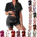 Womens Silk Satin Pajamas Loungewear Two-Piece Sleepwear Button-Down Floral Pj Set XS-4XL (Large)