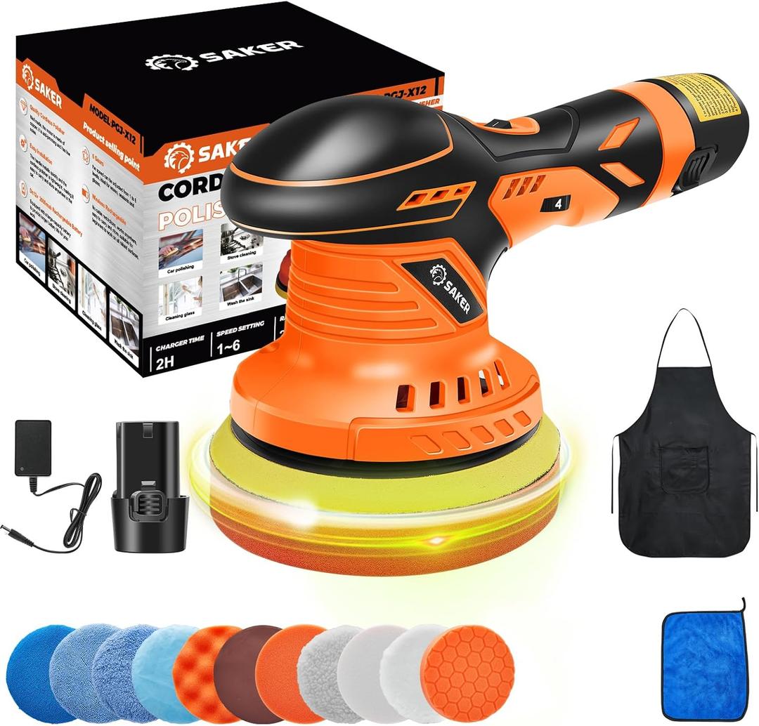Saker Cordless Buffer Polisher, 6 Inch Fast Charging Portable Car Polishing Kit with 12V 2000mAh Battery, Polisher for Car Detailing Polishing Waxing