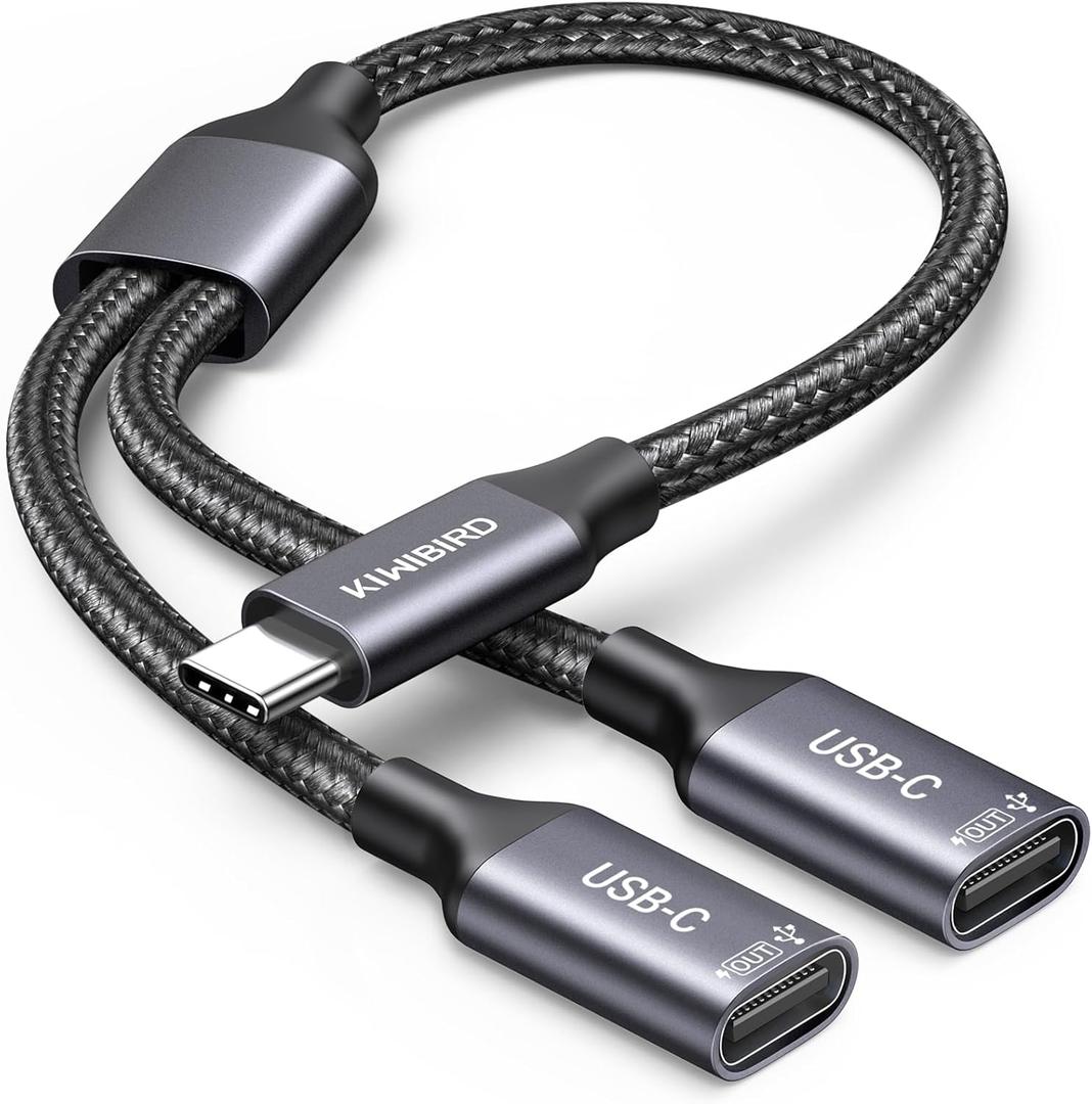 KiwiBird USB C Splitter 1 in 2 Out Charging, USBC Power Data Splitter Extension Y Cable, Type C Male to Dual USB C Female Port Adapter, Compatible with Laptop Mac Car Flash Drive Keyboard Mouse