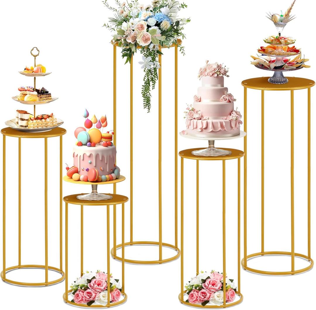 Hicarer 5 Pcs Cylinder Pedestal Stands for Party Gold Metal Tall Cylinder Stands Cake Tables Round Vases Display Columns for Weddings Party Birthday Backdrop Decorations, Acrylic Top Plate