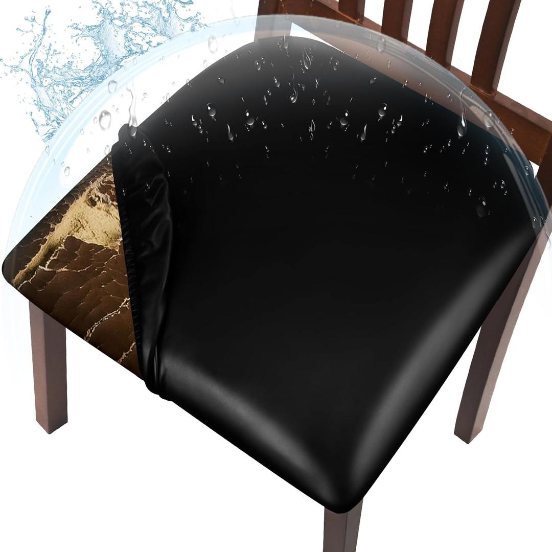 Leather Seat Covers for Dining Chairs Waterproof Chair Seat Covers Set of 4 Oilproof & Wipeable Kitchen Chair Seat Covers Protector with Buckle Strap (Black, 4 Pcs)