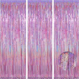 Happy Mothers Day Decorations Melsan 3 Pack 3.2 x 8.2 ft Pinkish Purple Tinsel Fringe Curtain Backdrop, Sparkling Metallic Party Decorations for Girls Birthday, Bachelorette, Wedding, Photo Booth