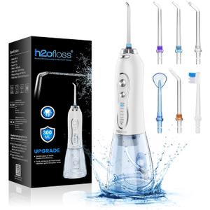 H2ofloss Water Dental Flosser Portable Dental Oral Irrigator with 5 Modes, 6 Replaceable Jet Tips, Rechargeable IPX7 Waterproof Teeth Cleaner for Home and Travel -300ml Detachable Reservoir (HF-6) (White)