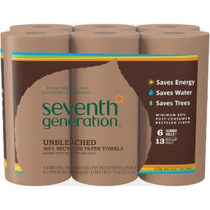 Seventh Generation Unbleached Paper Towels, 100% Recycled Paper, 6 Count, Pack of 4