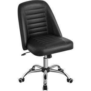 Yaheetech Mid Back PU Leather Armless Desk Office Chair, Modern Vanity Chair with Rolling Wheels, Metal Base Black
