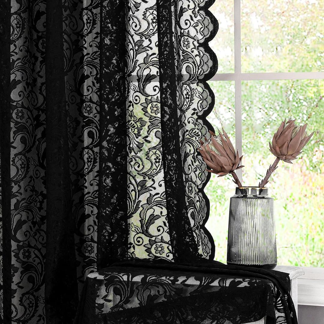Bujasso Black Sheer Lace Curtains 63 inch Luxury Vintage Floral Sheer Window Curtain Panels for Living Room Bedroom Light Filtering Gothic Halloween Black Drapes Rod Pocket 54" Wx63 Lx2