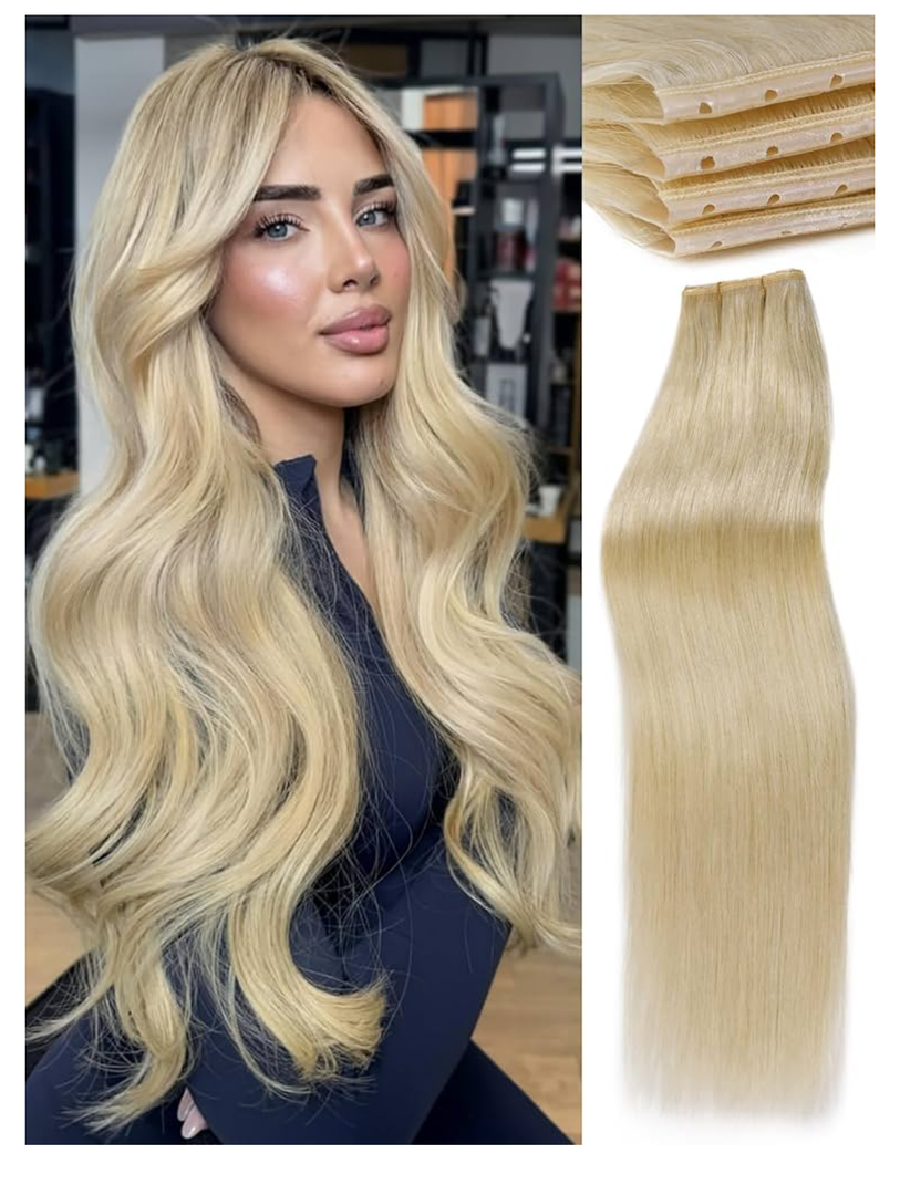 WIGNEE Double Butterfly Glueless Weft Hair Extensions Human Hair 2 PCS Real Human Hair Beaded Weft Hair Extensions Human Hair Blonde Color for women(613#)
