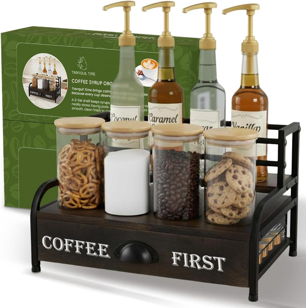 Coffee Syrup Rack Organizer 3-Tier Coffee Bar Stand for Countertop, Rustic Wood & Metal Bottle Display Shelf with Coffee Pod Drawer, Wine Rack, Liquor Display Shelf for Home Coffee Station