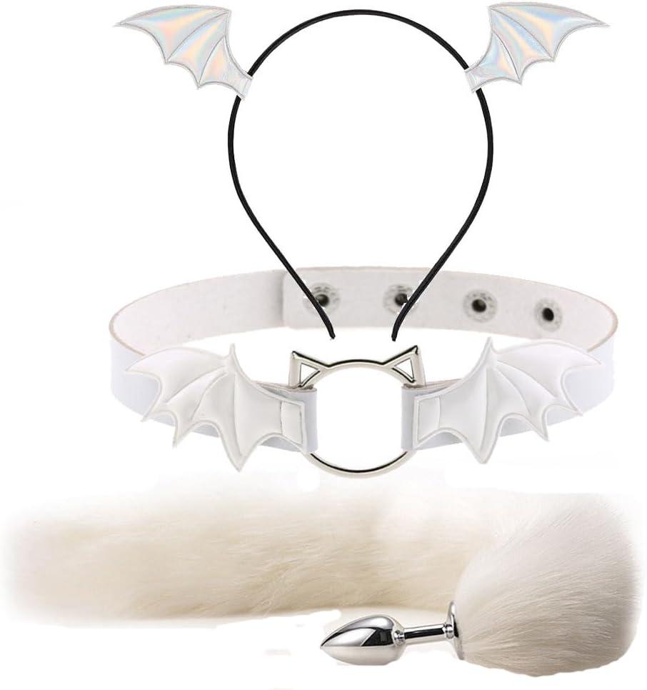 Animal Cosplay Costume Furry Fox Tail Plug Cute Ears Headband Bat Style Neck Collar Set (White)